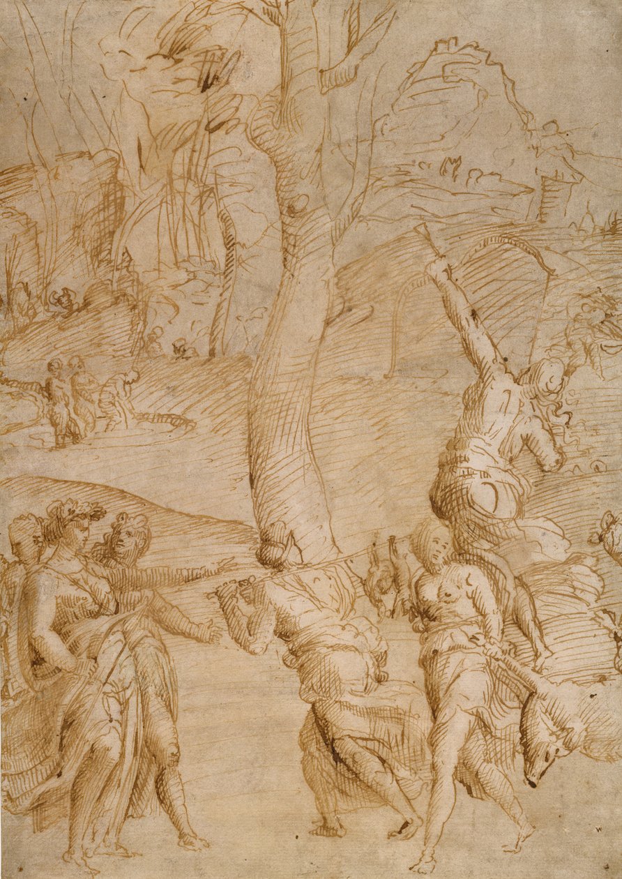 Lovecká scéna (recto); verso dvě studie dvojice ležících říčních bohů (), fronta sarkofágu () od Unknown artist