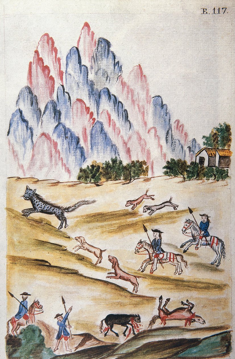 Lov divoké kočky v horách, z knihy "Trujillo del Peru" nebo "Códice Martínez Compañón", od Baltazara Martineze Compañóna y Bujandy, biskupa z Trujillo (1782-1785) od Unknown artist