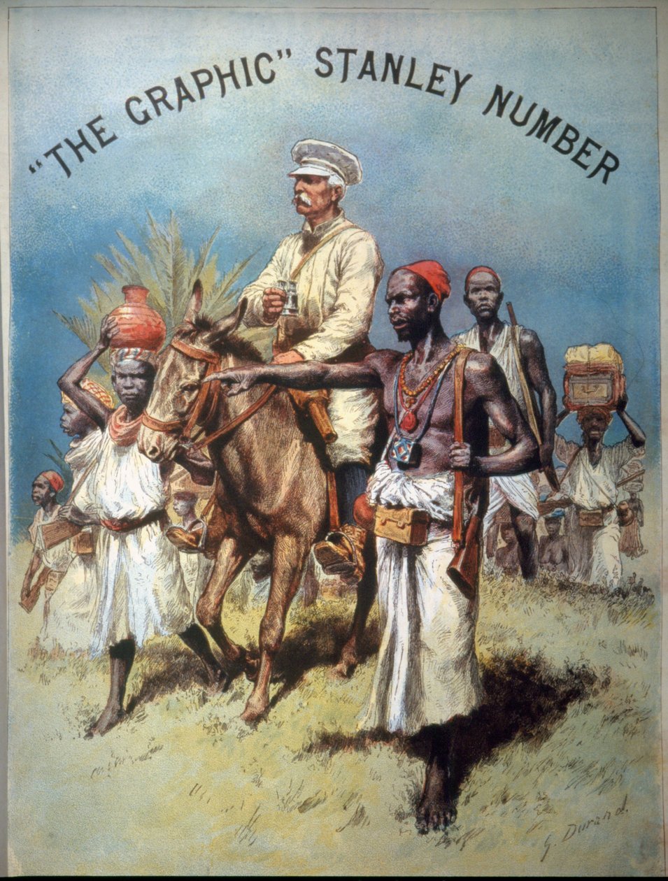 Ilustrace zobrazující průzkumníka a novináře Henryho Mortona Stanleyho (1841-1904) během jedné z jeho expedic. Chromolitografie. od Unknown artist