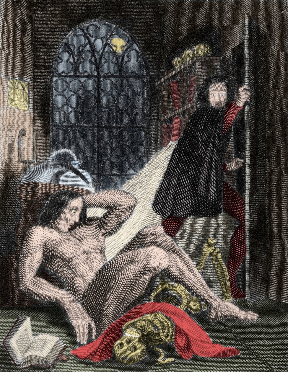 Ilustrace pro ""Frankenstein"" od britské spisovatelky Mary Wollstonecraft Shelley (1797-1851). 1831: „Podle záblesku napůl zhasnutého světla jsem viděl, jak se matně žluté oko stvoření otevřelo: těžce dýchalo a křečovitý pohyb mu rozechvěl končetiny. od Unknown artist
