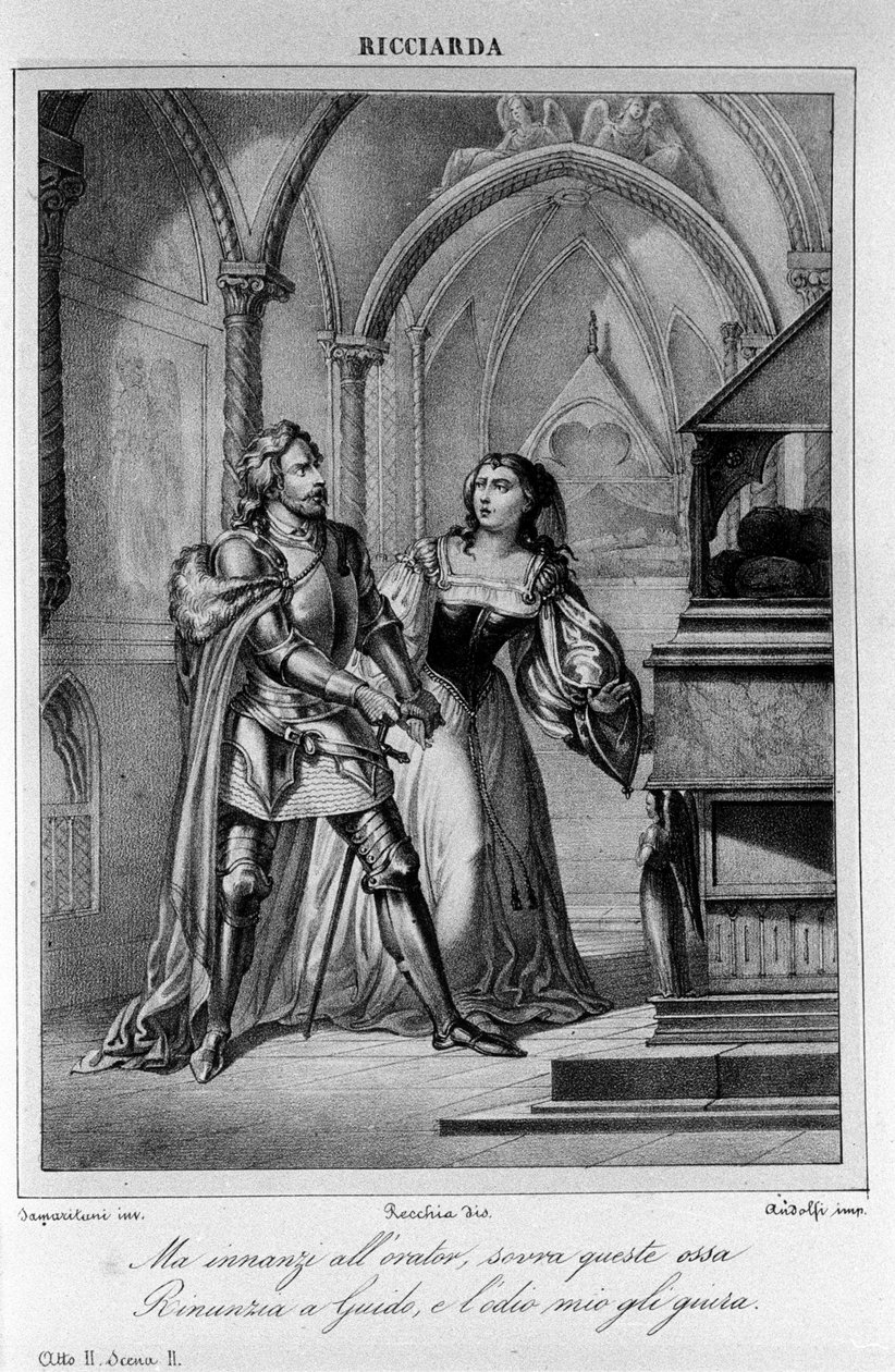 Ilustrace ke scéně 2 dějství II „Ricciarda““ od italského básníka a dramatika Ugo Foscolo (1778-1827) 19. století od Unknown artist
