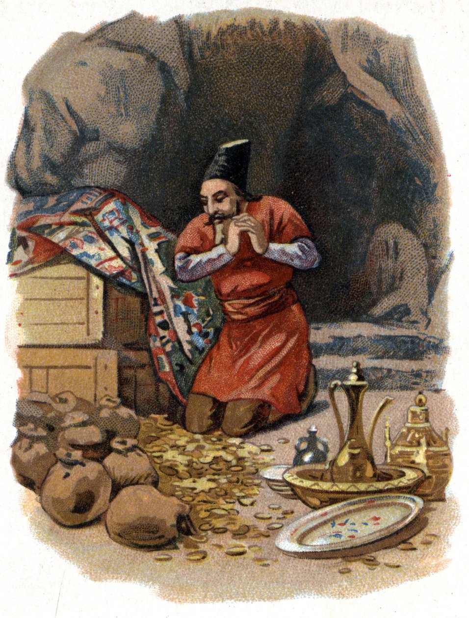 Ilustrace k Pohádkám tisíce a jedné noci. Ali Baba (Ali-Baba) vstupuje do skály a říká: Sezam tě otevírá a vidí zlaté sudy. Chromolitografie kolem roku 1890. od Unknown artist