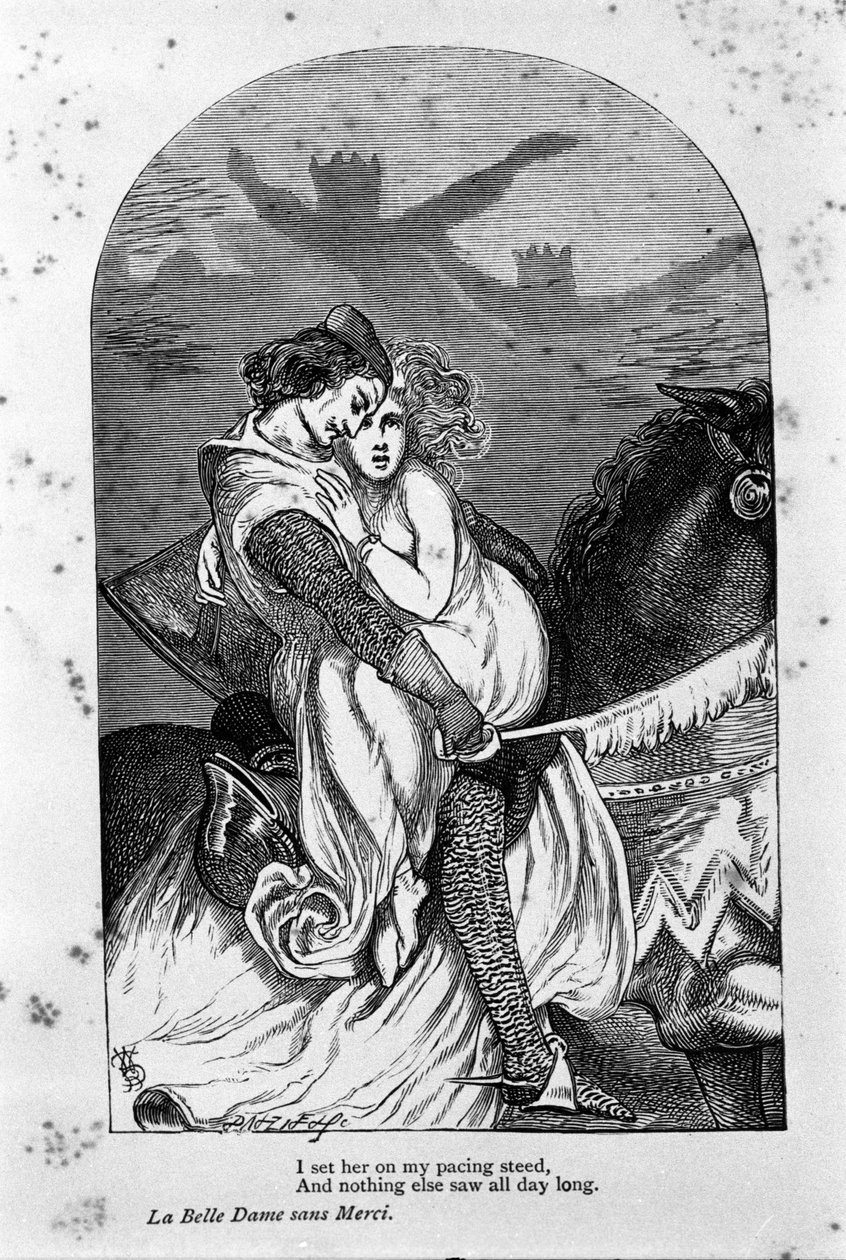 Ilustrace pro „krásnou dámu bez slitování“ od básníka Johna Keatse (1795-1821) 19. století od Unknown artist