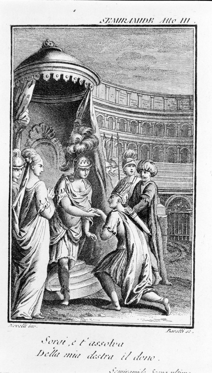 Ilustrace Semiramis, opera Antonia Salieriho (1750 - 1825). Brožura od Pierra Metastase (nebo Peter Metastasius). Akt III, poslední scéna. od Unknown artist