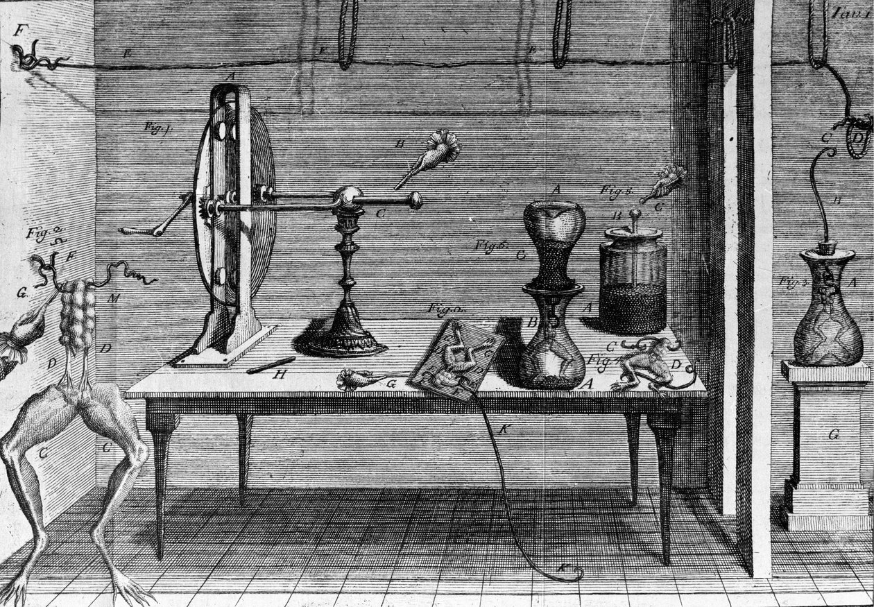 Ilustrace experimentů Luigiho Galvaniho, italského fyzika a lékaře (1737 - 1798) vysvětlujících průchod elektrického proudu pohybujícím se nohama žáby. od Unknown artist
