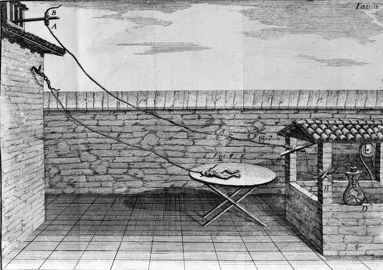 Ilustrace experimentů Luigiho Galvaniho, italského fyzika a lékaře (1737 - 1798) vysvětlujících průchod elektrického proudu pohybujícím se nohama žáby. od Unknown artist
