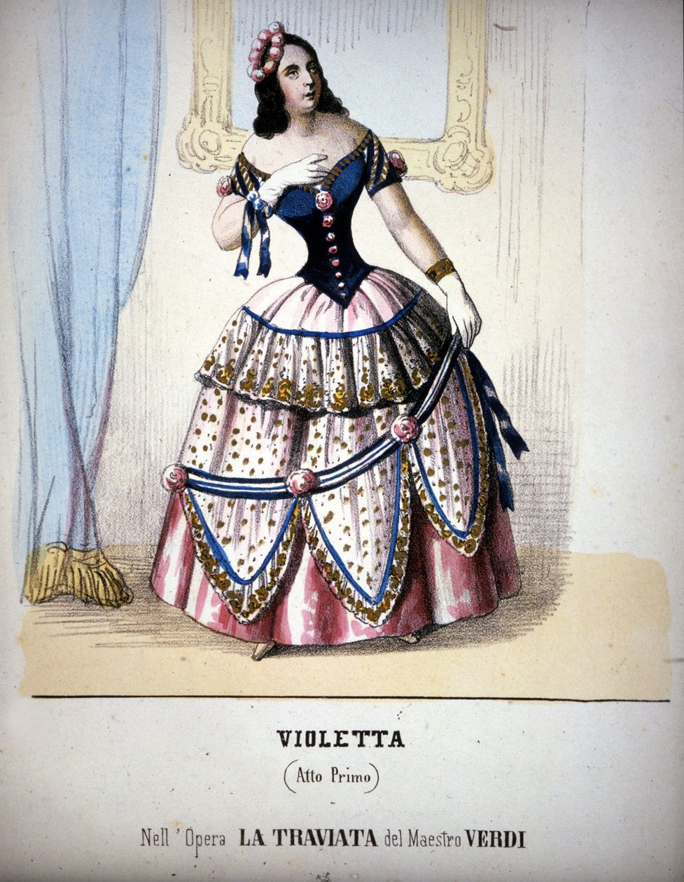 Ilustrace postavy Violetty Valéry ve hře Giuseppe Verdiho „Traviata“. Rytina 19. století. od Unknown artist