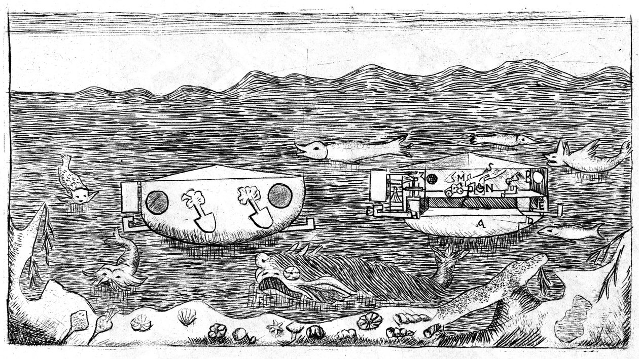 Ilustrace konce 18. století o tom, jak se plavit pod vodou v "" Nové pojednání o skutečné rektifikaci kružnice měřené přesně s průměrem, užitečné pro trigonometrii ... S pojednáním o tom, jak se plavit pod vodou, v od Unknown artist