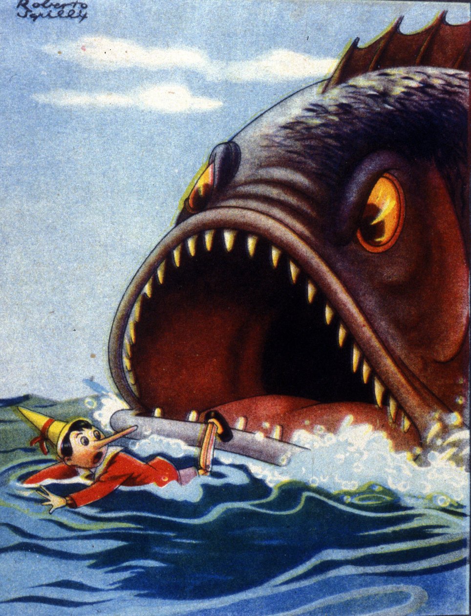 Ilustrace pohádky Pinocchio od Carla Collodiho. Obrovská ryba se chystá sníst Pinocchio. od Unknown artist