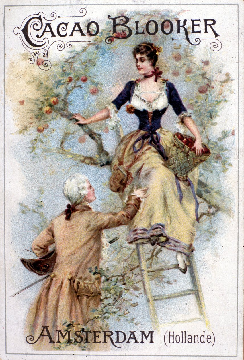 Reklamní ilustrace na kakao Blooker zobrazující módního mladého muže z 18. století, který pomáhá mladé ženě sestoupit ze žebříku. od Unknown artist