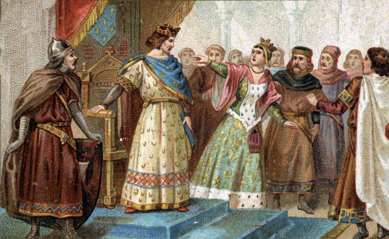 V roce 1274 byla královna Marie Brabantská falešně obviněna velkým komorníkem Pierrem de la Broce (Pierre de Brush) ze smrti mladého prince Ludvíka Francouzského, syna Filipa III. a Isabely Aragonské. Chromolitografie konce 19. století. od Unknown artist