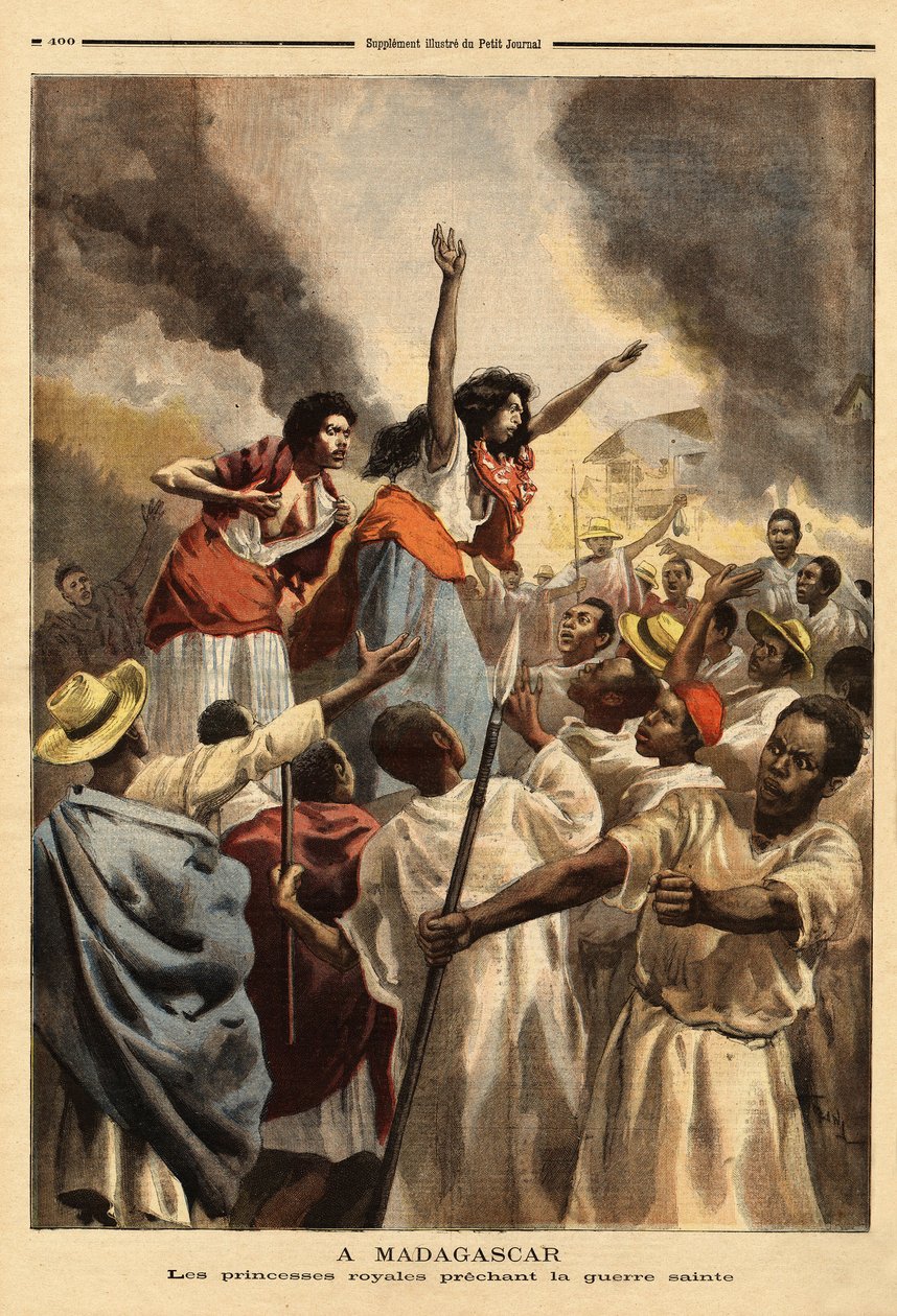Na Madagaskaru káže královská princezna (královnina sestra a teta) svatou válku proti Francii. Rytina v „“ Le petit journal“ 9/09/1894. Selva sbírka. od Unknown artist