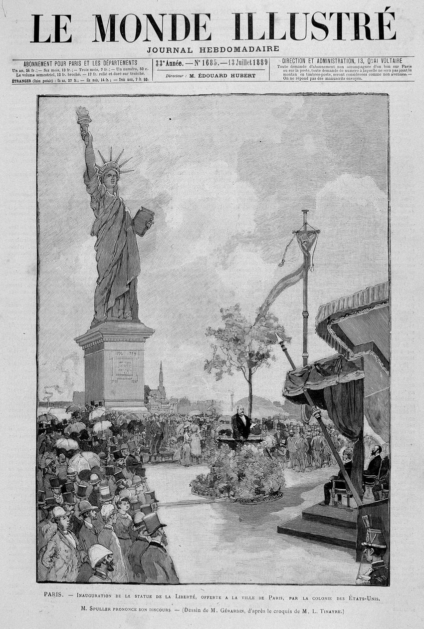 Inaugurace zmenšené sochy svobody (replika), kterou nabídly městu Paříž Spojené státy - v „The Illustrous World““ ze dne 13.7.1889 od Unknown artist