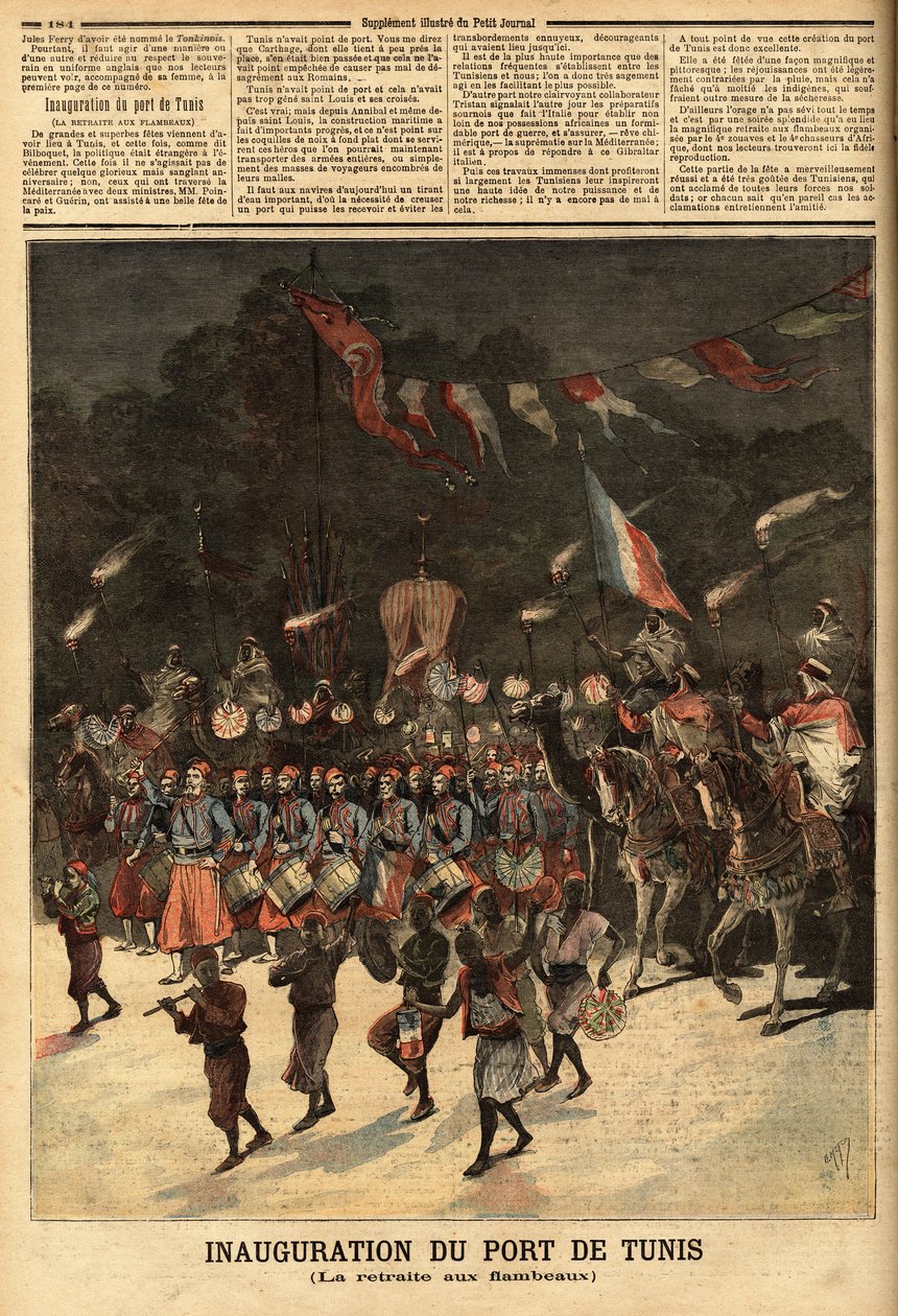 Inaugurace přístavu Tunis za přítomnosti francouzských ministrů Raymonda Poincareho (1860-1934) a Eugena Guerina (1849-1929). Rytina v „“ Le petit journal“ 10/06/1893. Selva sbírka. od Unknown artist