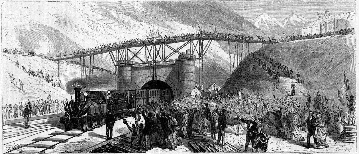 Inaugurace tunelu Mont Cenis (Monte Cenisio) v roce 1871. Příjezd vlaku zve do Bardonneche (Bardonecchia) od Unknown artist