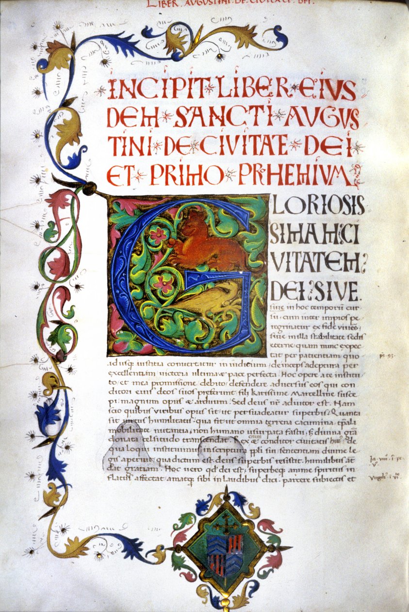 Incipit rukopisu "De civitate Dei" od svatého Augustina. Rukopis 15. století. Milan, Bibl, Trivulziana. od Unknown artist