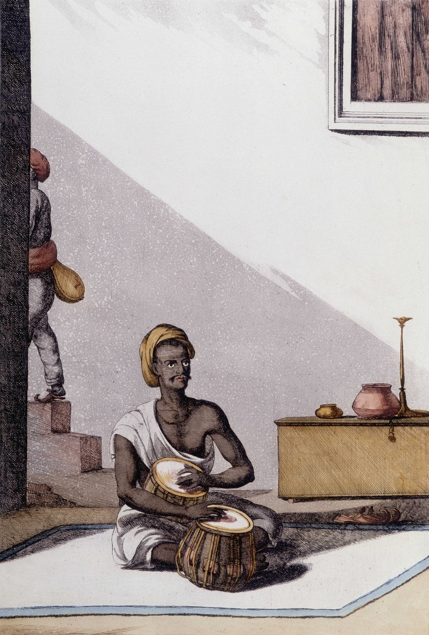Indická kultura a civilizace: hudebník hrající na tabla, tradiční hudební nástroj, Indie. Rytina 1808. od Unknown artist