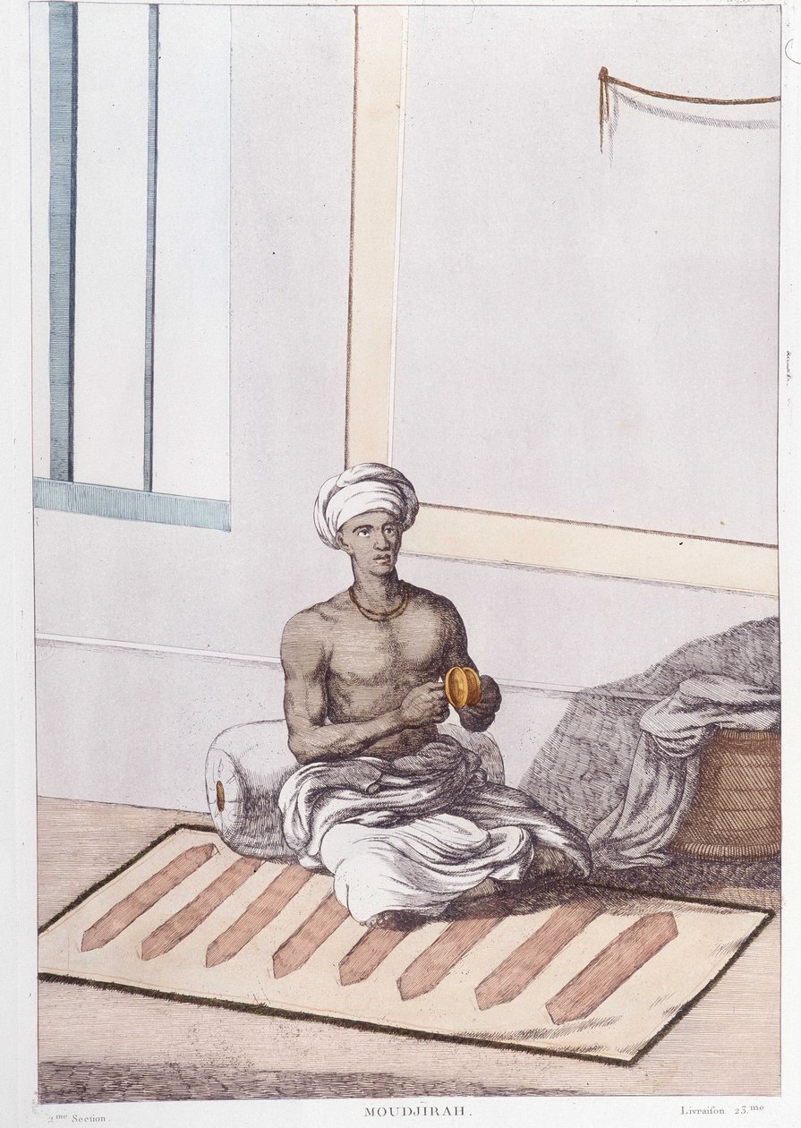 Indická kultura, civilizace a společnost: hudebník s tradičními indickými perkusemi. Rytina z roku 1808. od Unknown artist