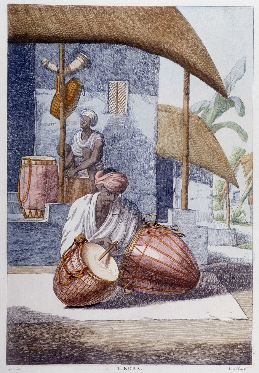 Indická kultura, civilizace a společnost: hudebník s tradičními indickými perkusemi (Tikora). Rytina z roku 1808. od Unknown artist