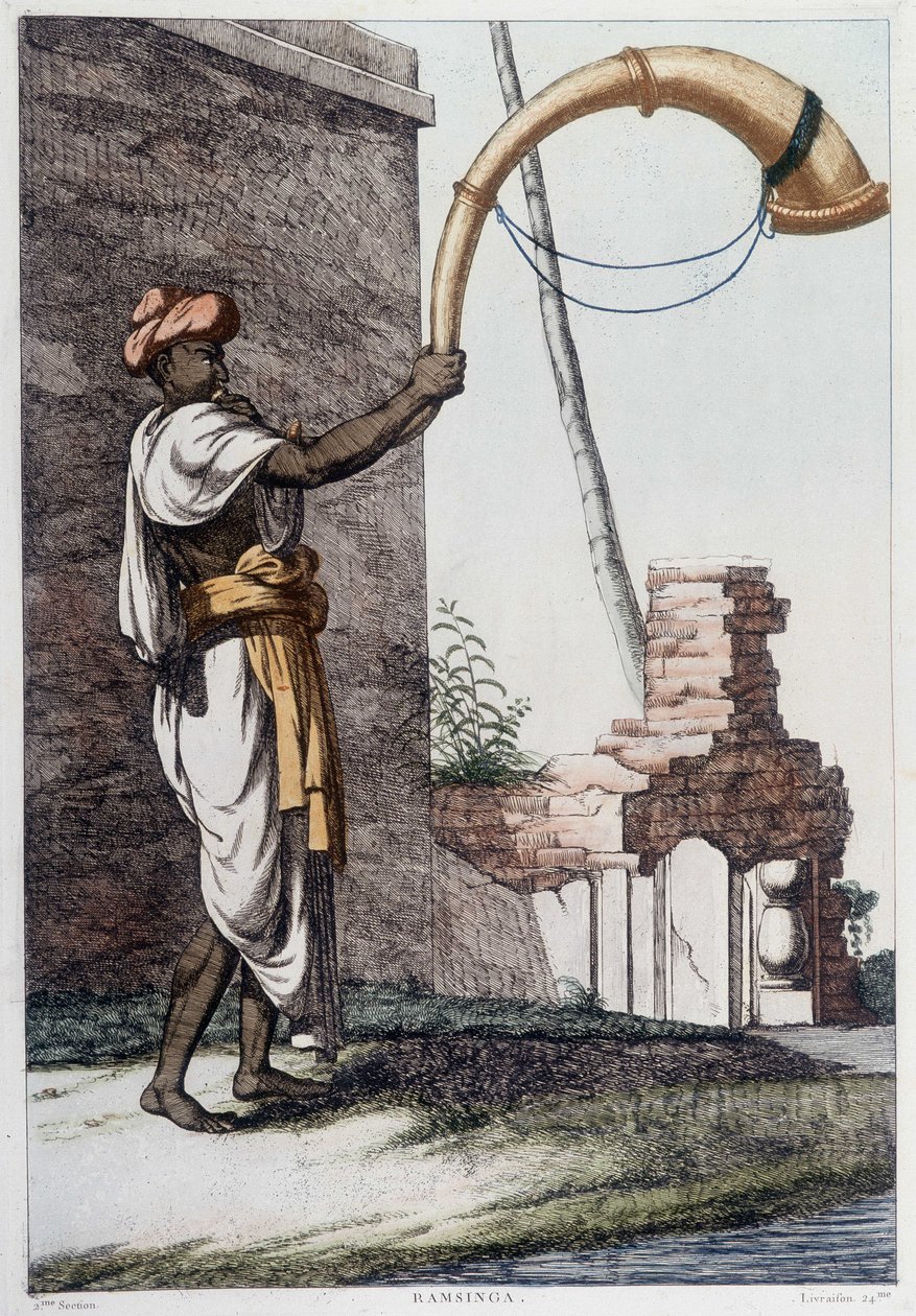 Indická kultura, civilizace a společnost: hudebník s tradičním indickým dechovým nástrojem (Sournae). Rytina z roku 1808. od Unknown artist