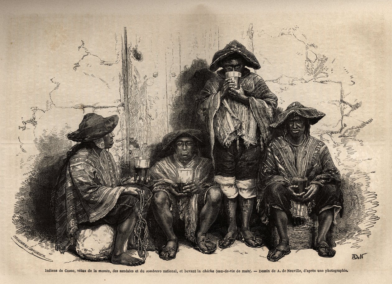 Indiáni z Cuzca (Peru), vetus manty, sandály a tradiční sombrero, zaměstnaní jako dělníci při těžbě guánových ložisek na ostrovech Chincha, pijí šíšu, ale fermentovanou brandy. Rytina k ilustraci Les iles Chincha, rect L.Simo od Unknown artist