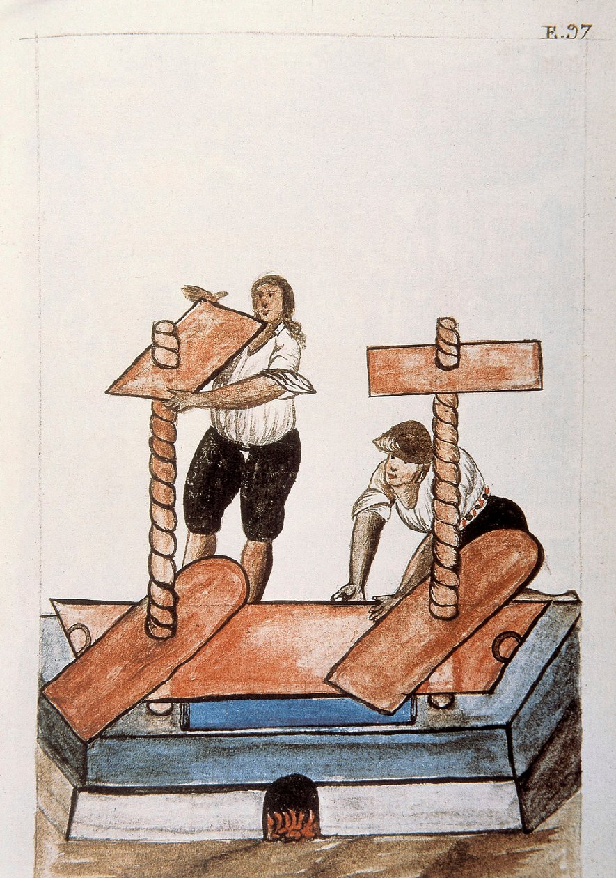 Indiáni mačkající (žehlící) prádlo, z knihy „Trujillo del Peru“ nebo „Códice Martínez Compañón“, od Baltazara Martineze Compañóna y Bujandy, biskupa z Trujillo (1782-1785) od Unknown artist