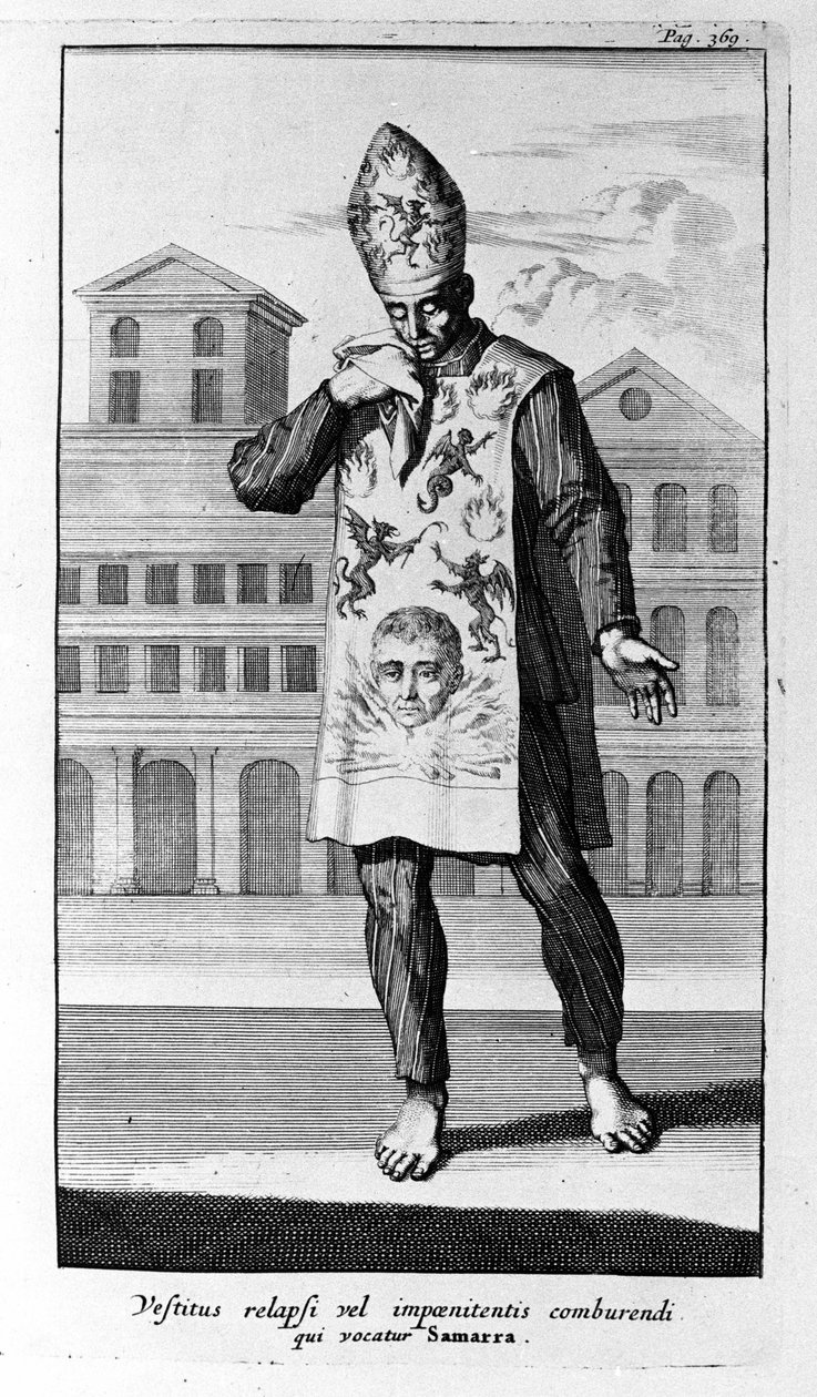 Výslech. Oděv Samarry, který kajícníci nosili. Rytina z historie inkvizice, Amsterdam 1692. od Unknown artist
