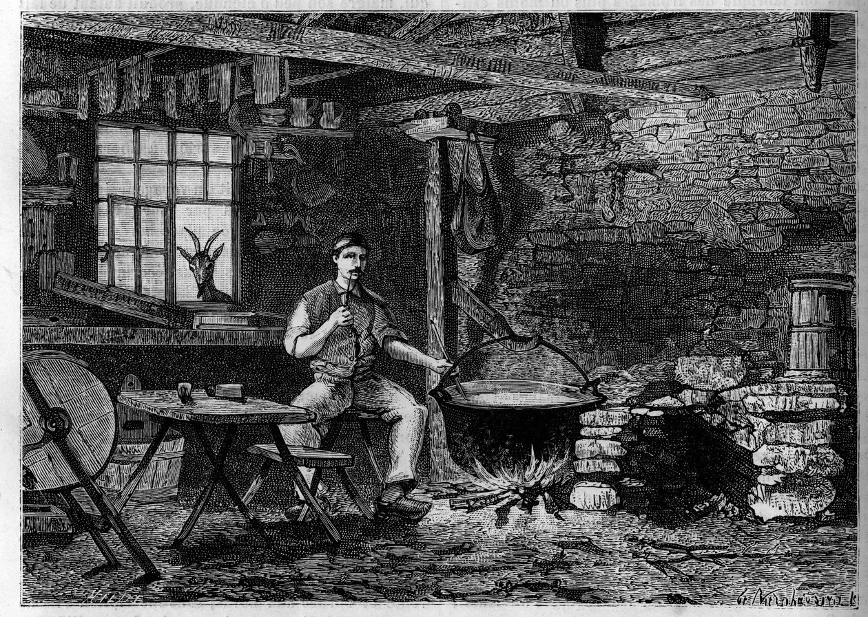 Interiér sýrárny ve Vogézách. Rytina v „Le journal de la jeunesse““ od Unknown artist