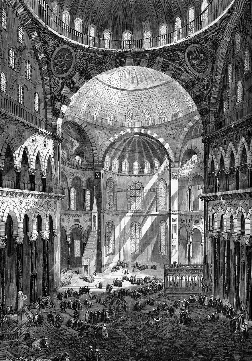Vnitřní pohled na mešitu svaté Sofie (Hagia Sophia) (byzantské umění 6. století) v Konstantinopoli v roce 1858. od Unknown artist