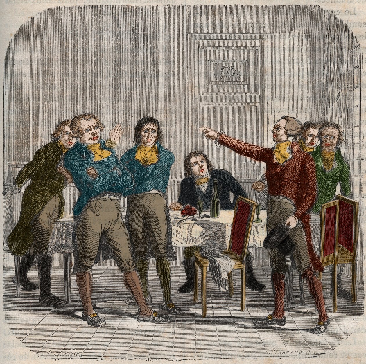 Rozhovor mezi Jean-Paul (Jean Paul) Marat (1743-1793), Maximilien de Robespierre (1758-1794) a Georges Jacques Danton (1759-1794) dne 28. června 1793 v pařížské kavárně na Rue du Paon. Rytina do „Ilustrovaných národních dějin Francie““. 19. století od Unknown artist