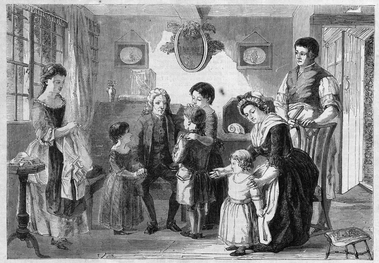 Isaac Watts (1674-1748) anglický teolog a pedagog skladatel hymnů a duchovních písní pro děti. Podle Ranckleyho obrazu „Doktor Watt na návštěvě u svých přátel“. Gravírování v „The Illustrious Universe“ od Unknown artist