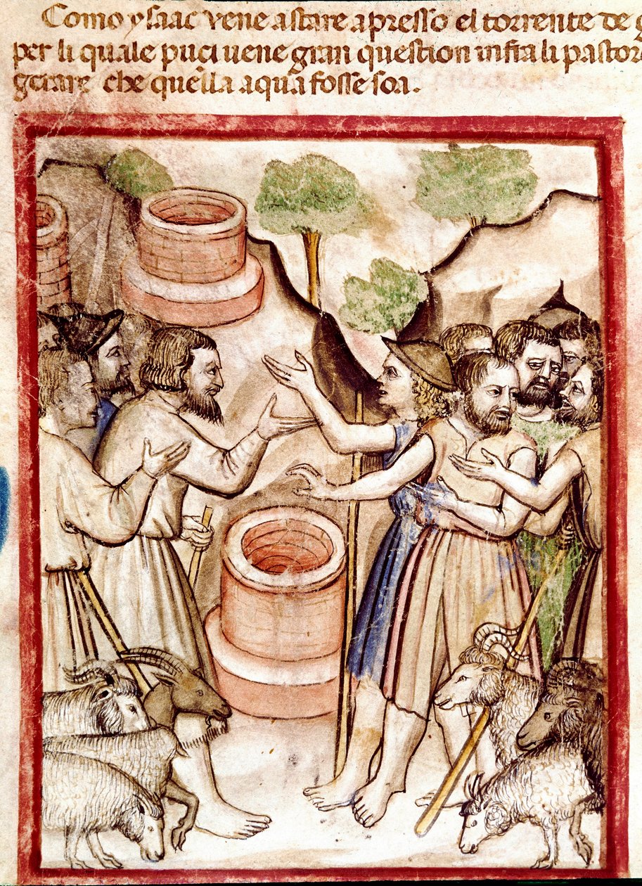 Izák kope studny v údolí Guerar a pastýři z údolí ho hledají v hádce Miniatura převzatá z kodexu 212 (nebo kodexu padovano nebo Bible z Padovy) 1390-1400 Rovigo, Accademia dei Concordi od Unknown artist
