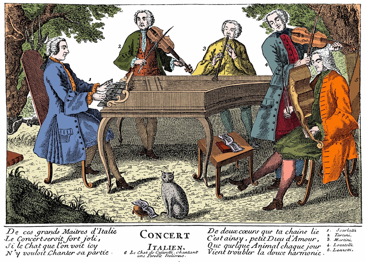Italský koncert (barokní hudba) s 1. Scarlatti (cembalo) - 2. giuseppe Tartini (housle) - 3. Otec (otec) Martini (Giovanni battista) (flétna) - 4. Locatelli (housle) - 5. Lanzetti (viola) - 6. Zpívající kočka. Rytina 18. století od Unknown artist