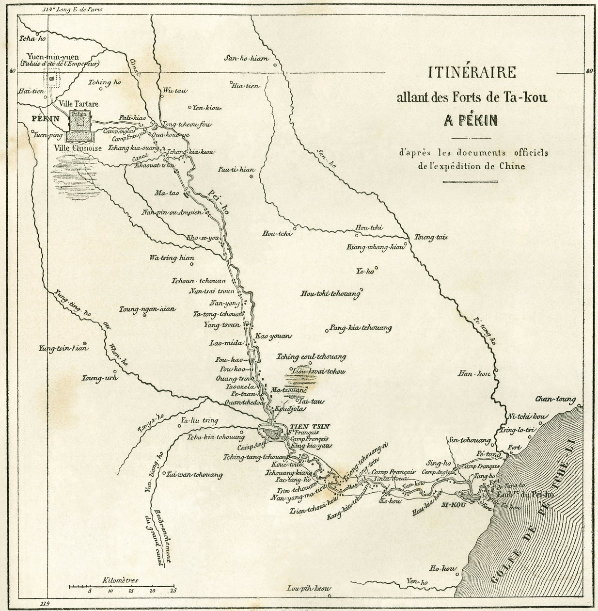 Trasa podél řeky Hai He poblíž Tien Tsin (Tien-Tsin, Tianjin) do Pekinu (Peking), Čína. Mapa v „“ Le Tour du Monde, New Journal of Travels “, editoval Edouard Charton, Paříž od Unknown artist