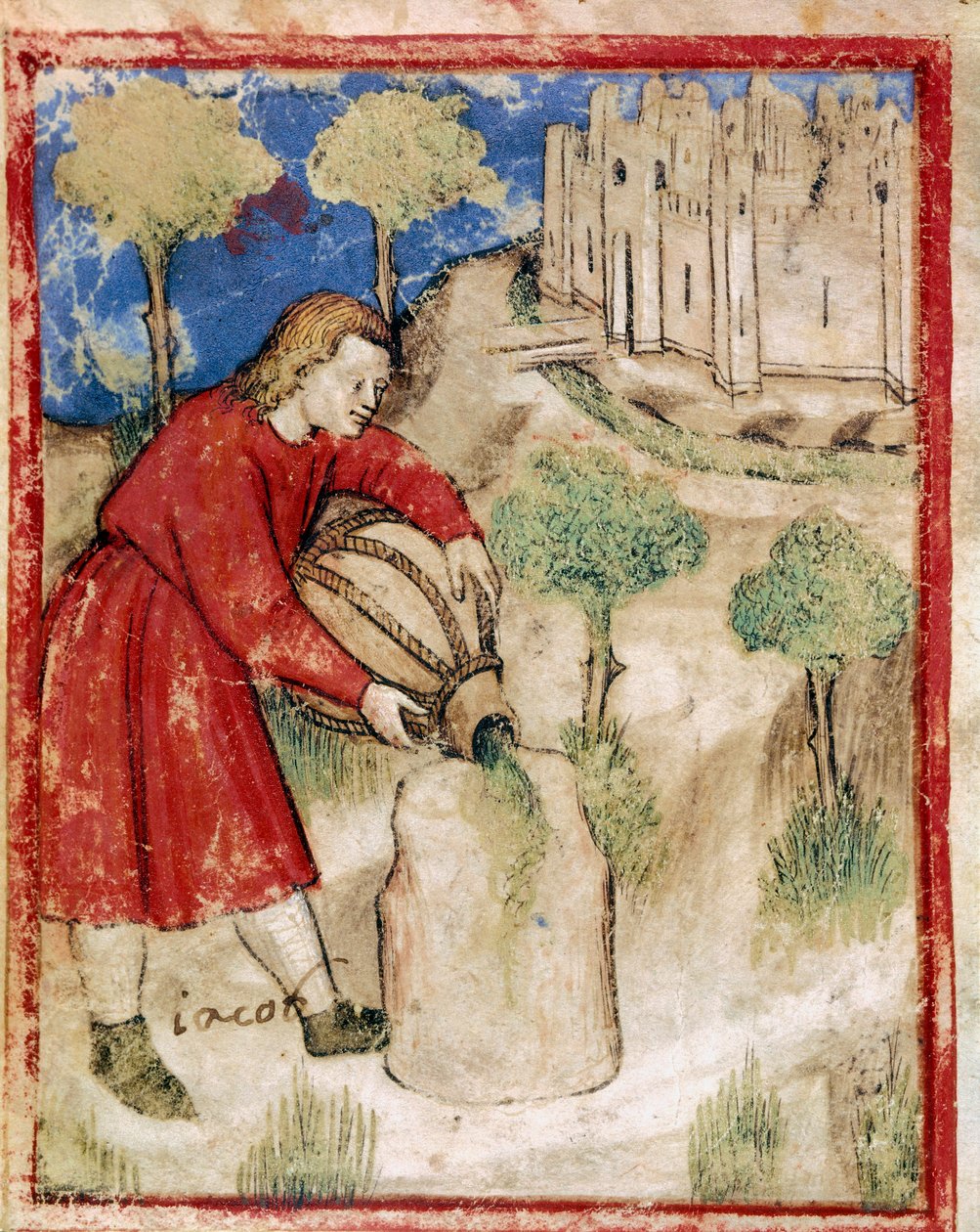 Jacob nalil olej na kámen, který mu sloužil jako miniaturní polštář z kodexu 212 (nebo kodexu padovano nebo Bible z Padovy) 1390-1400 Rovigo, Accademia dei Concordi od Unknown artist