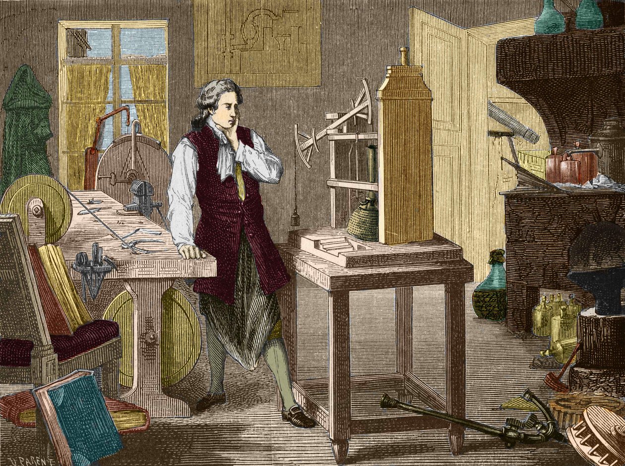 James Watt studující zdokonalení stroje Newcomen (1767) (parní stroj) - v „“ Album of Science; věhlasní vědci; Velké objevy “”” 1896. od Unknown artist