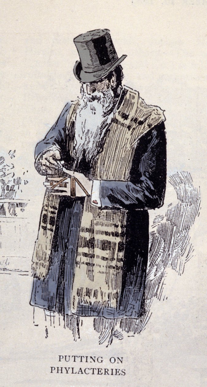 Židovské náboženství: starý židovský muž nosící modlitební limetku (Talit nebo Tzitzit), rytina z roku 1890 od Unknown artist