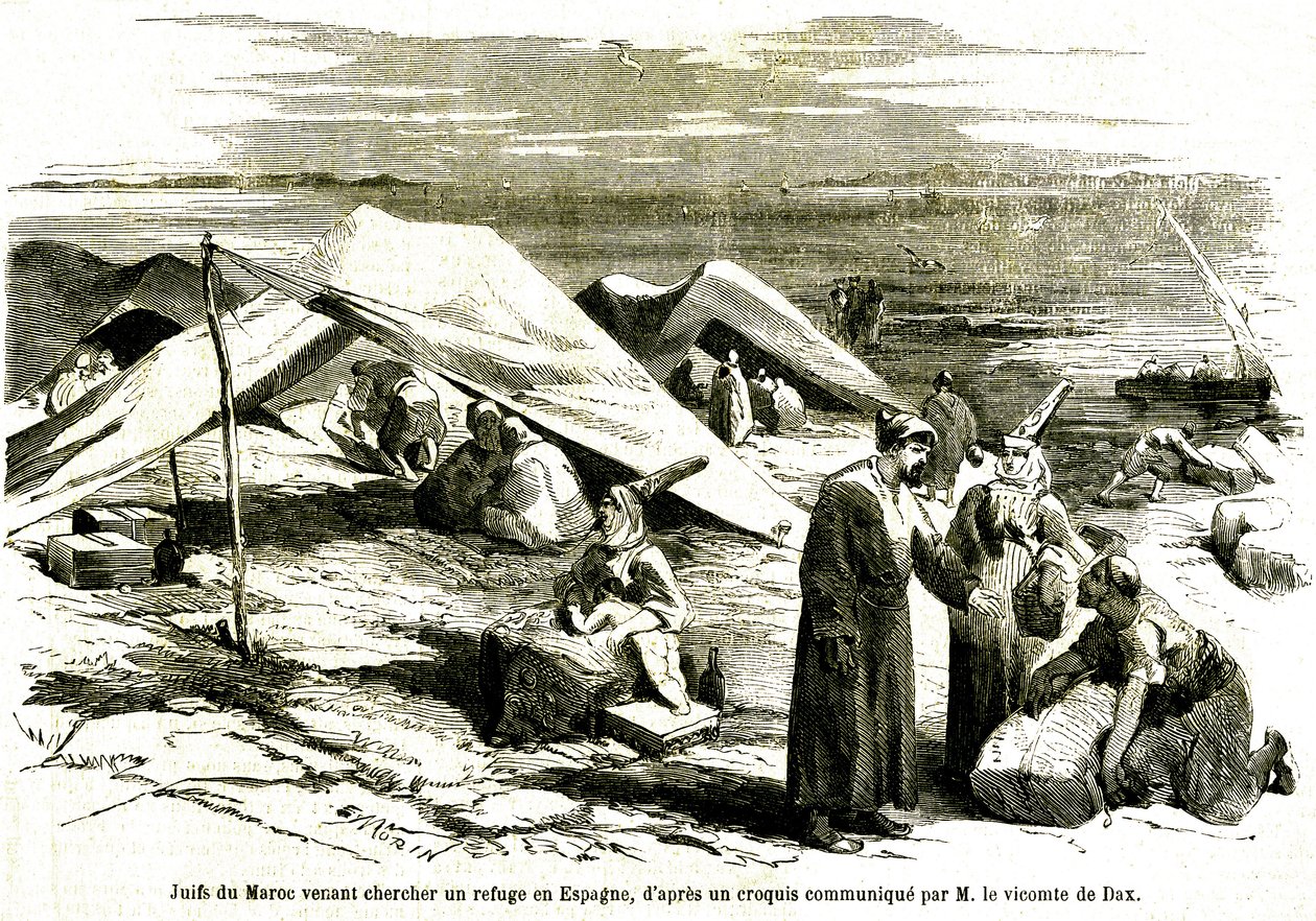 Židé z Maroka přicházející hledat útočiště v Algesiras ve Španělsku v polovině 19. století (rytina) od Unknown artist