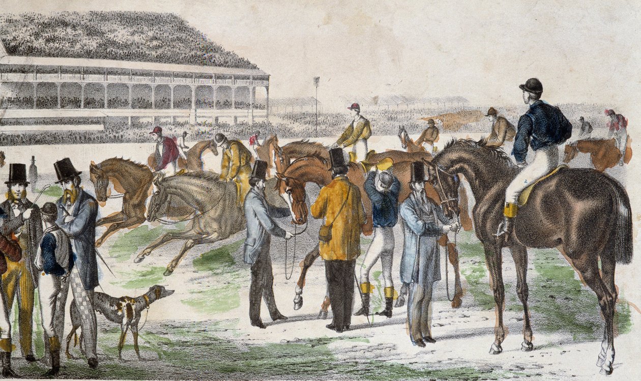 Žokejové a jejich koně před dostihem - rytina, c. 1850 od Unknown artist