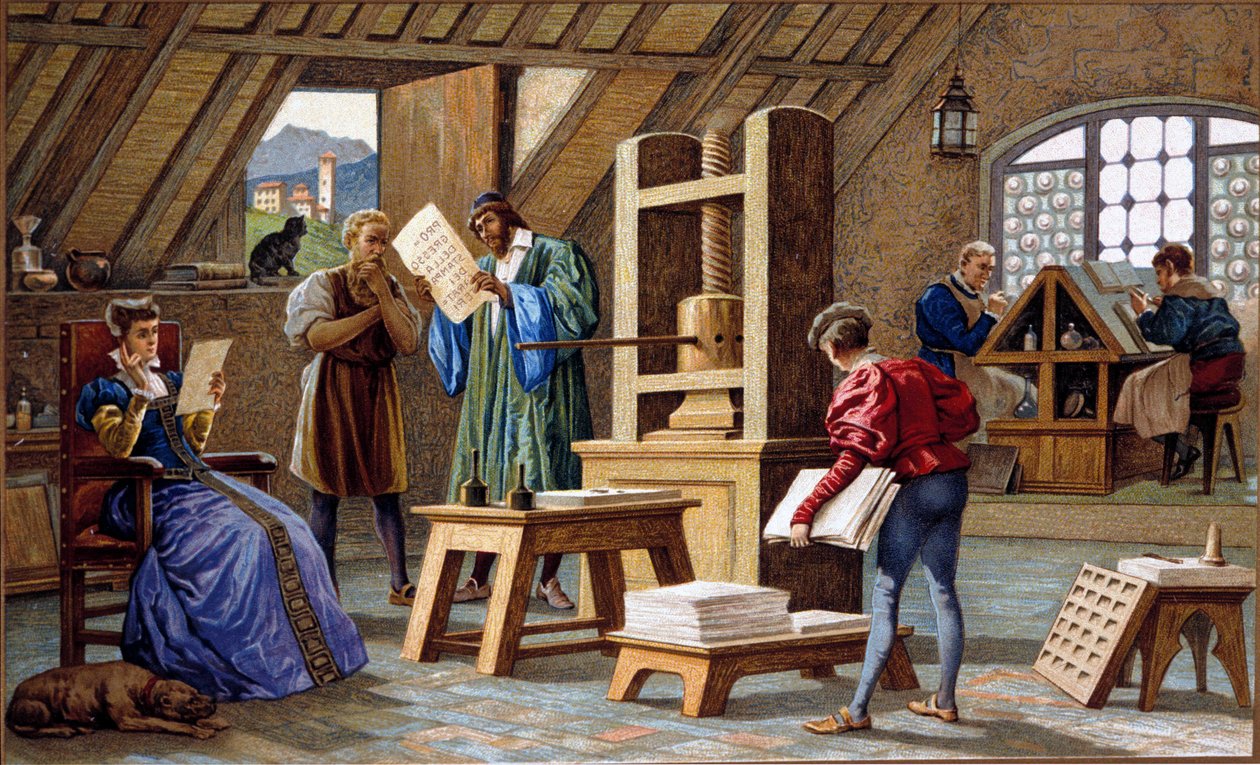 Johannes Gensfleisch Gutenberg (1400-1468), vynálezce knihtisku (1438). chromolitografie z 19. století. od Unknown artist