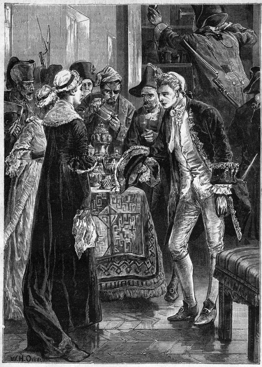 John Paul Jones navštíví lady Selkirk poté, co jeho muži vzali její cennosti - Americké námořnictvo: John Paul Jones (1747-1792) hrdinové americké války za nezávislost a posádka Ranger přepadli hrad hraběte ze Selkirk ve Spojených státech od Unknown artist