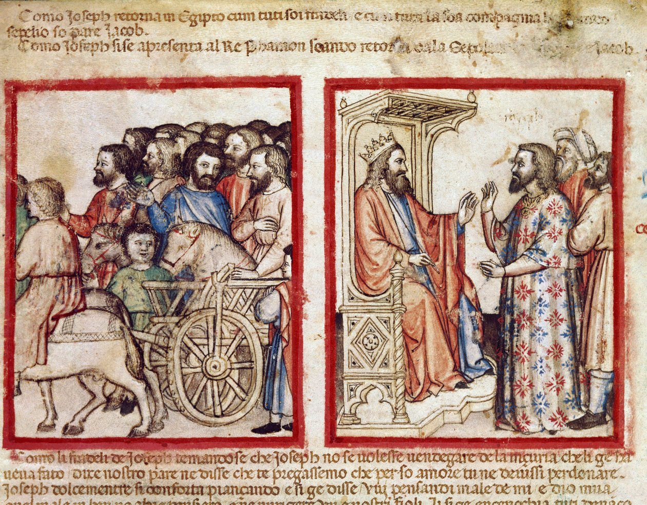Josef nalevo na pohřeb svého otce, jde po faraonské miniaturě z kodexu 212 (nebo kodexu padovano nebo Bible z Padovy) 1390-1400 Rovigo, Accademia dei Concordi od Unknown artist