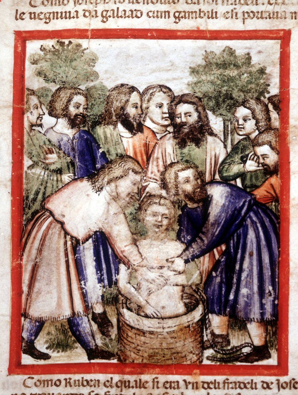 Josefa jeho bratři prodali a hodili do studny. Miniatura z kodexu 212 (nebo kodexu padovano nebo Bible z Padovy) 1390-1400 Rovigo, Accademia dei Concordi od Unknown artist