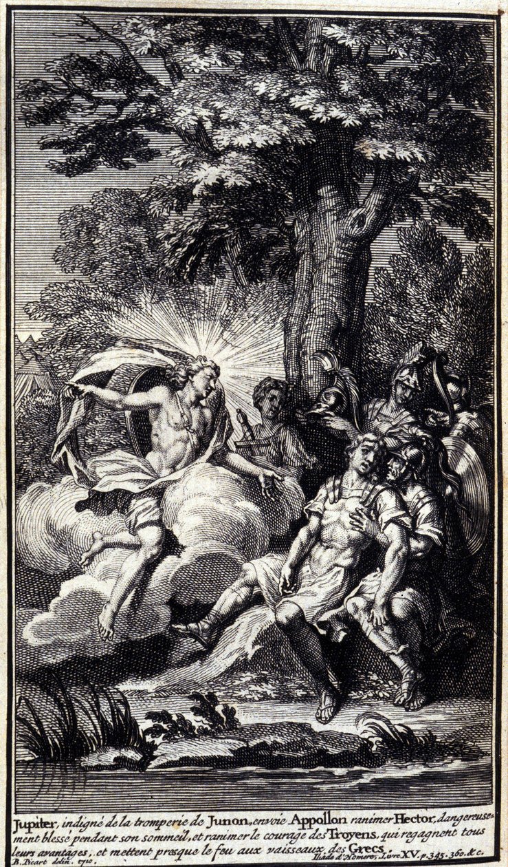 Jupiter, nehodný Junina podvodu, posílá Apolla, aby oživil Hectora nebezpečně zranění během spánku a oživil odvahu Trojanů, kteří znovu získají všechny své výhody a málem podpálili řecké lodě. Ilustrace knihy XV z Iliady od Unknown artist