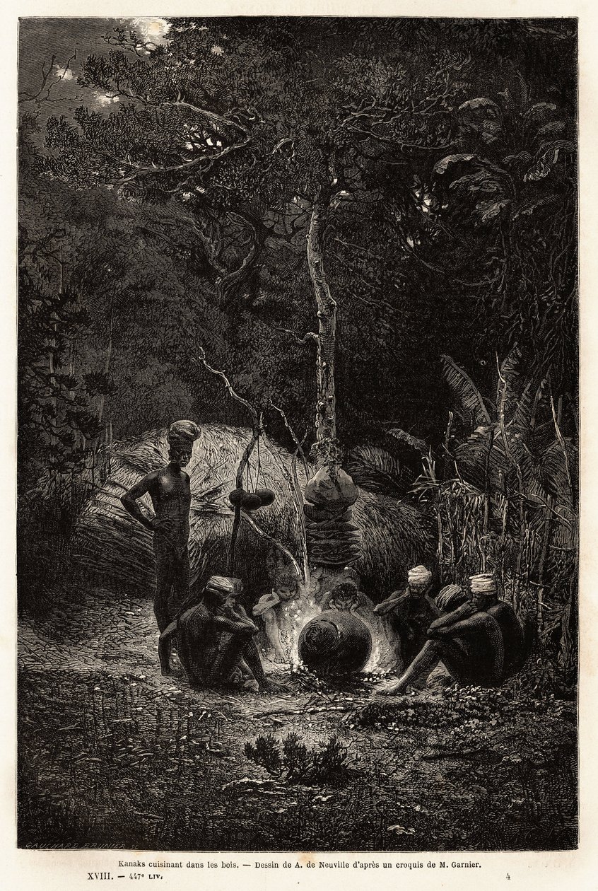 Kanaks vaří v lese, na území Pamale. Engravure pour illustrrer le voyage à la Nouvelle Caledonie, od Julese Garniera, stavebního inženýra dolů, v letech 1863-1866, publikovaná v „Le tour du monde, nouveau journal des voyages“, editoval Edouard C. od Unknown artist