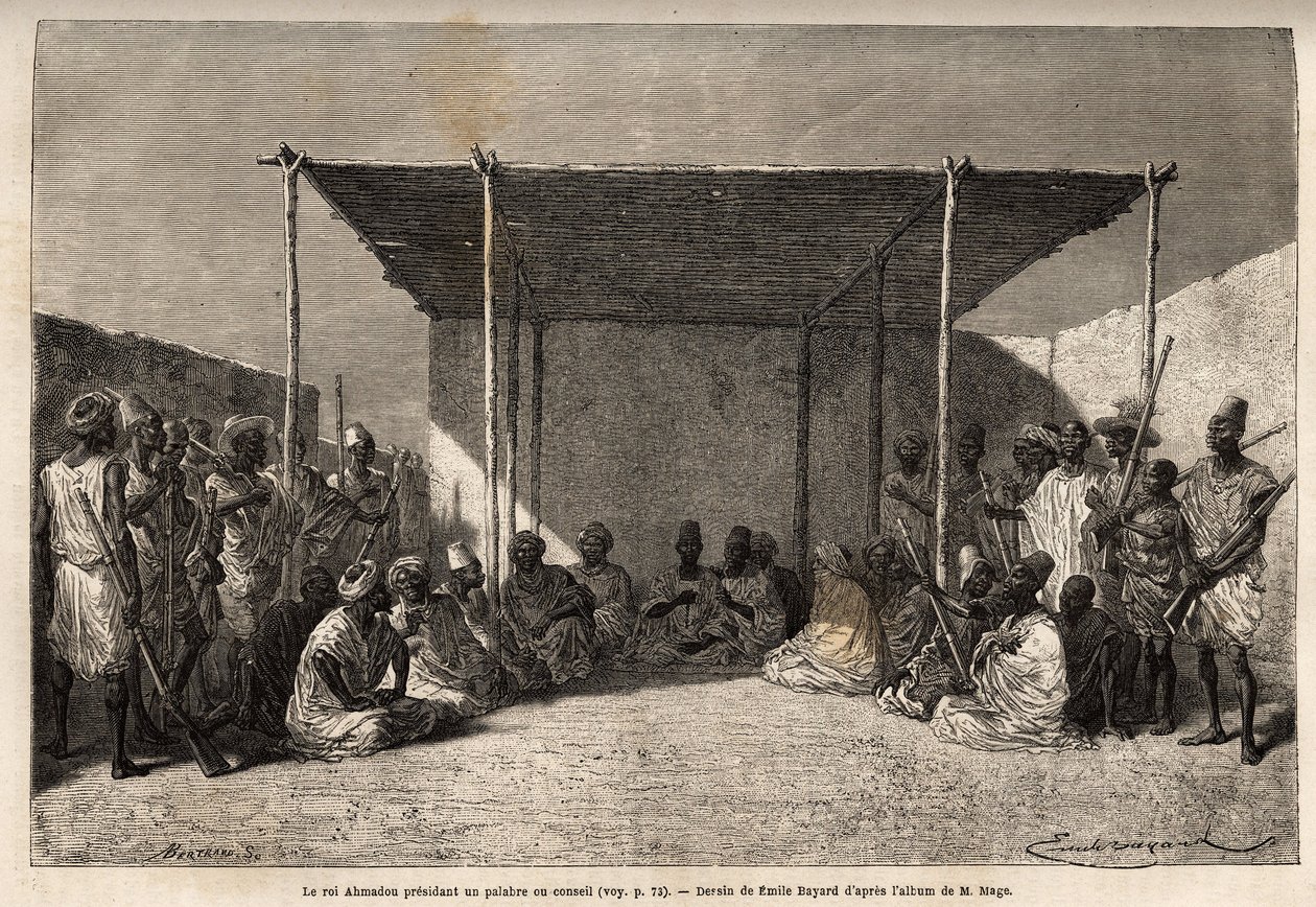 Král Ahmadou předsedající radě nebo paláci říše Toucouleur v Segou Sikoro (Mali), mudrci sedí a válečníci sedí, král drží v rukou muslimský růženec. Rytina pro ilustraci plavby do západního Súdánu poručíka (Navy) M od Unknown artist