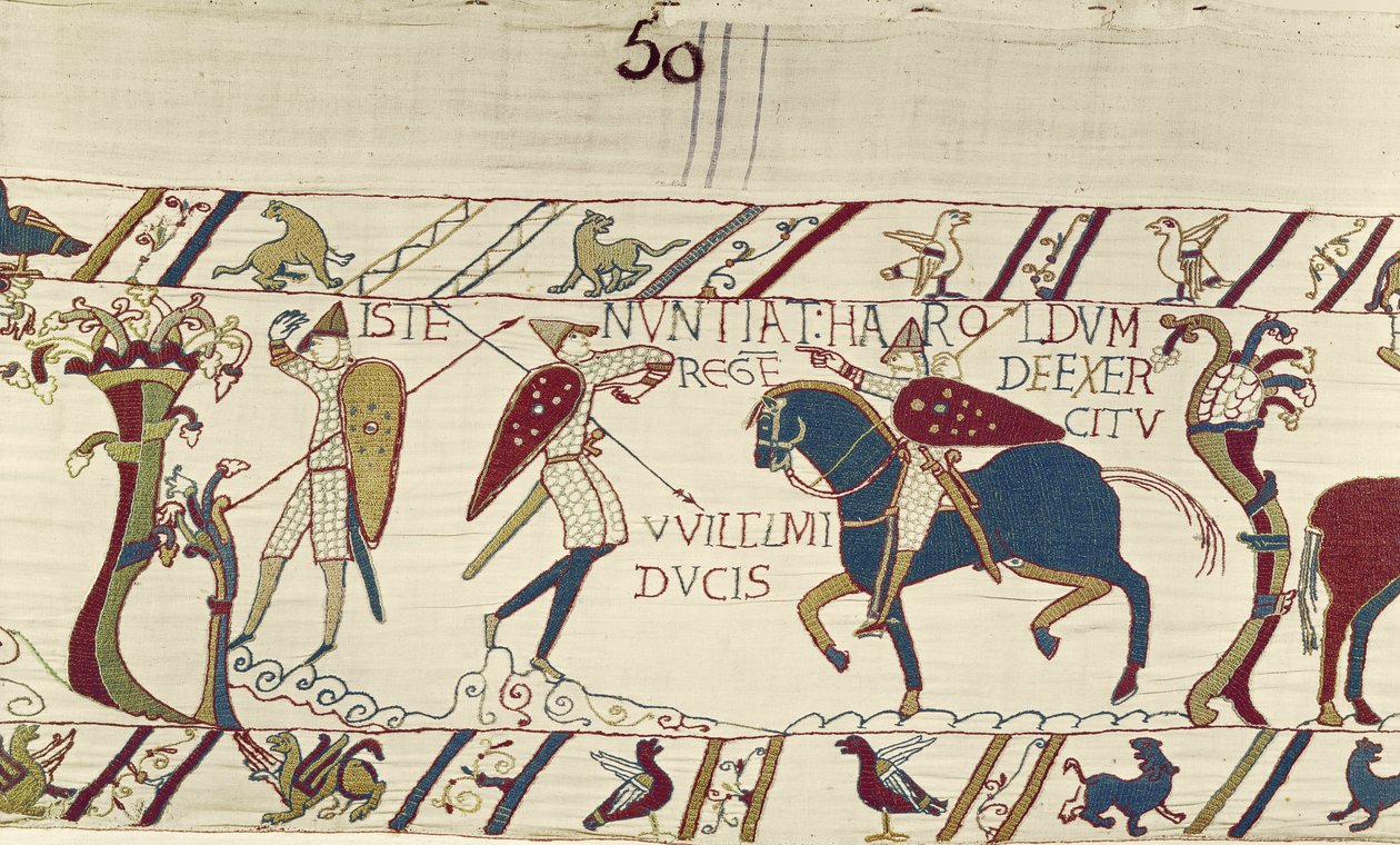 Posel krále Harolda mu dává zprávy o armádě vévody Williama, Bayeux Tapestry (vlněná výšivka na plátně) od Unknown artist