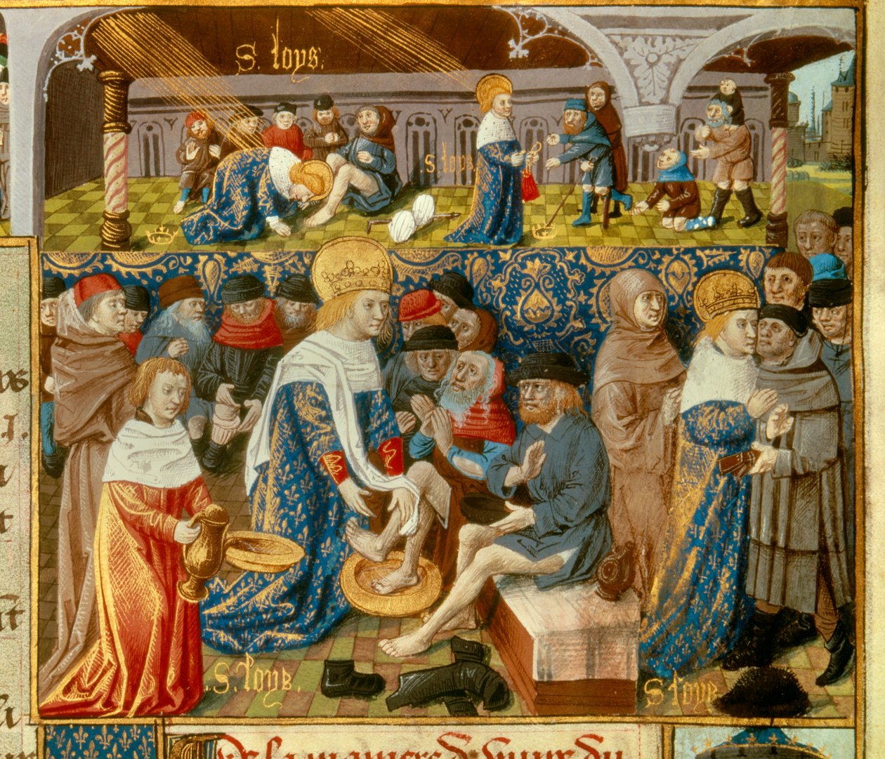 Král Ludvík IX. (1214-1270) (Svatý Ludvík) mytí nohou chudým a výjevy křesťanské lásky z miniatury krále převzaté z rukopisu „Kniha faktů Monsignora Saint Louis“““ 15. století. Paříž, B.N od Unknown artist