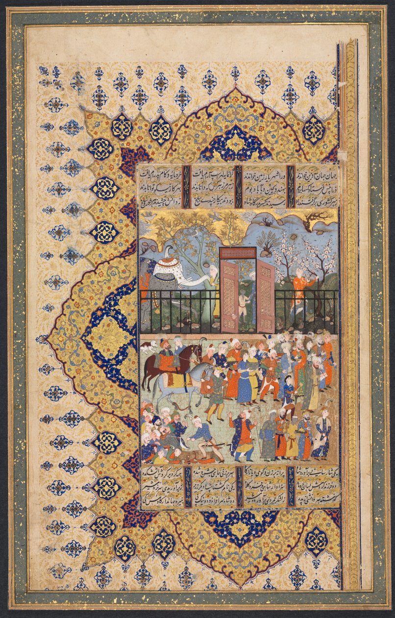 King Luhrasp Ascend the Throne: A Processon Arrives at Court, recto levého folia dvoustránkové kompozice ze Shahnamy (Knihy králů) z Firdausi (940-1019 nebo 1025) od Unknown artist