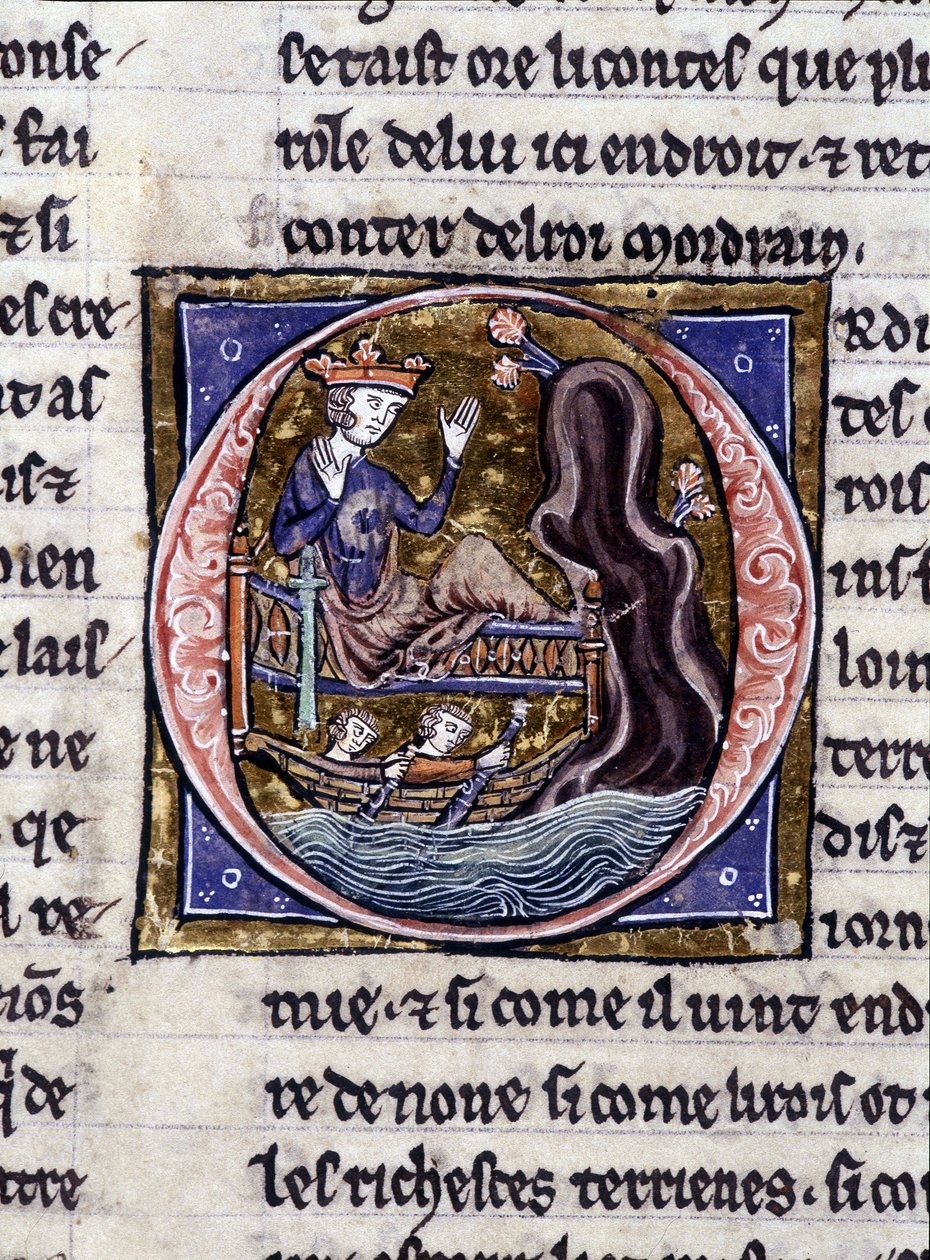král Modreius. Rukopis: Dobytí Saint Gréal, napsaný 717 let po umučení našeho pána. Bibliotheque Municipale de Rennes, ms. 255 (Sbírka románů Kulatého stolu); Paříž od Unknown artist